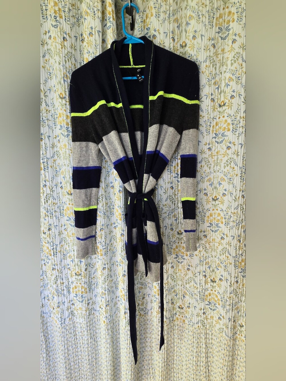 AQUA 100% Cashmere Striped Belted Cardigan Sweater Navy Gray Neon